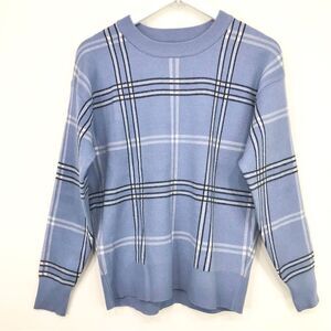 Tahari Light Blue Black Plaid Long Sleeve Crew Neck Tight Knit Winter Sweater